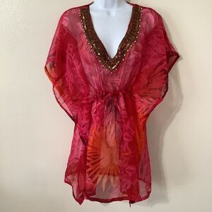 Vintage Pink Beachy Boho Hawaiian Tropical Vacation Beaded Sheer Cover Up Small